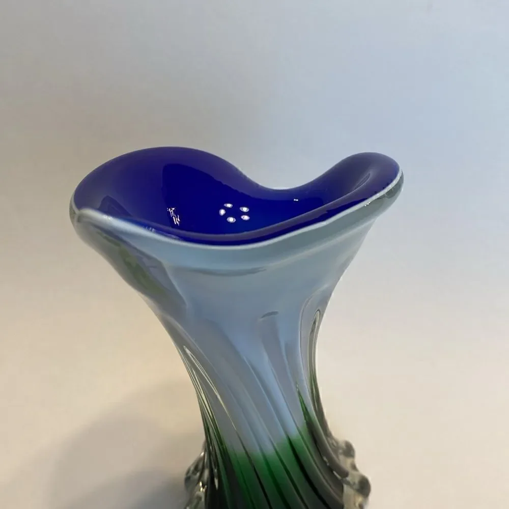 Hand Blown Art Glass Swirled Vase 8” Blue White Green